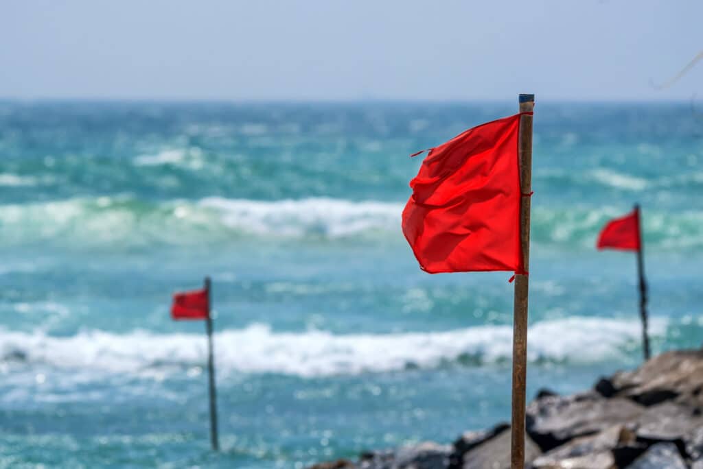 Bright red flag on a wooden pole along a rocky shoreline with blue ocean waves in the background.