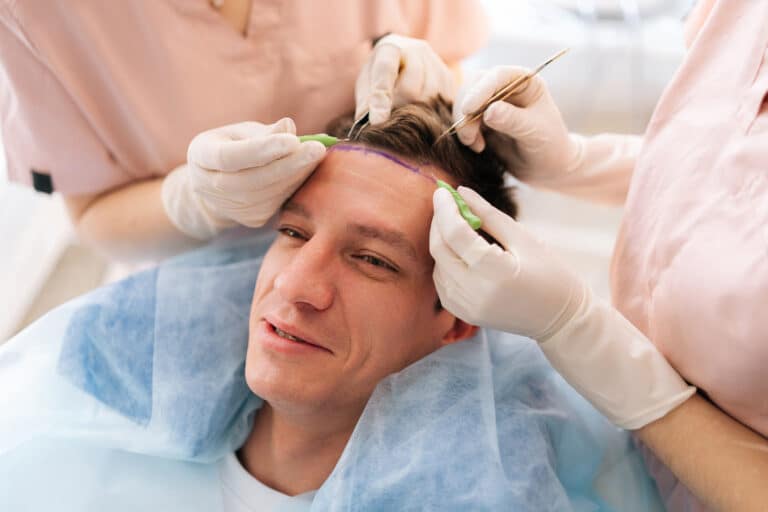 A patient lies with a purple surgical line drawn on the temple while medical professionals in gloves use tools near the scalp.
