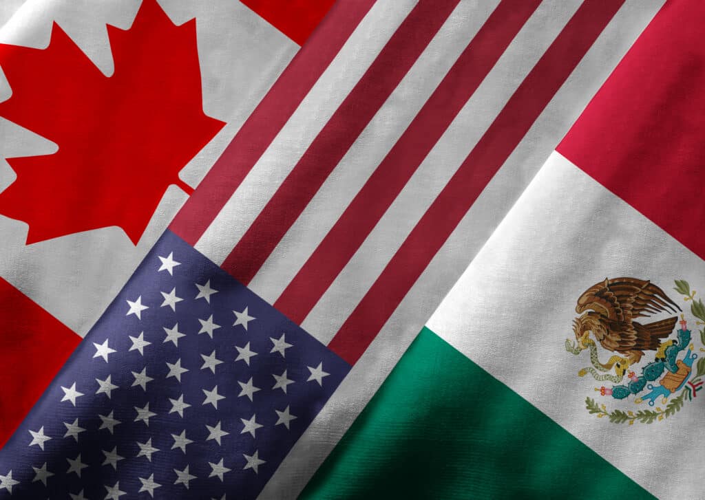 Collage of flags including Canada, United States, Mexico, and other nations with vibrant red, white, blue, green colors and symbols.